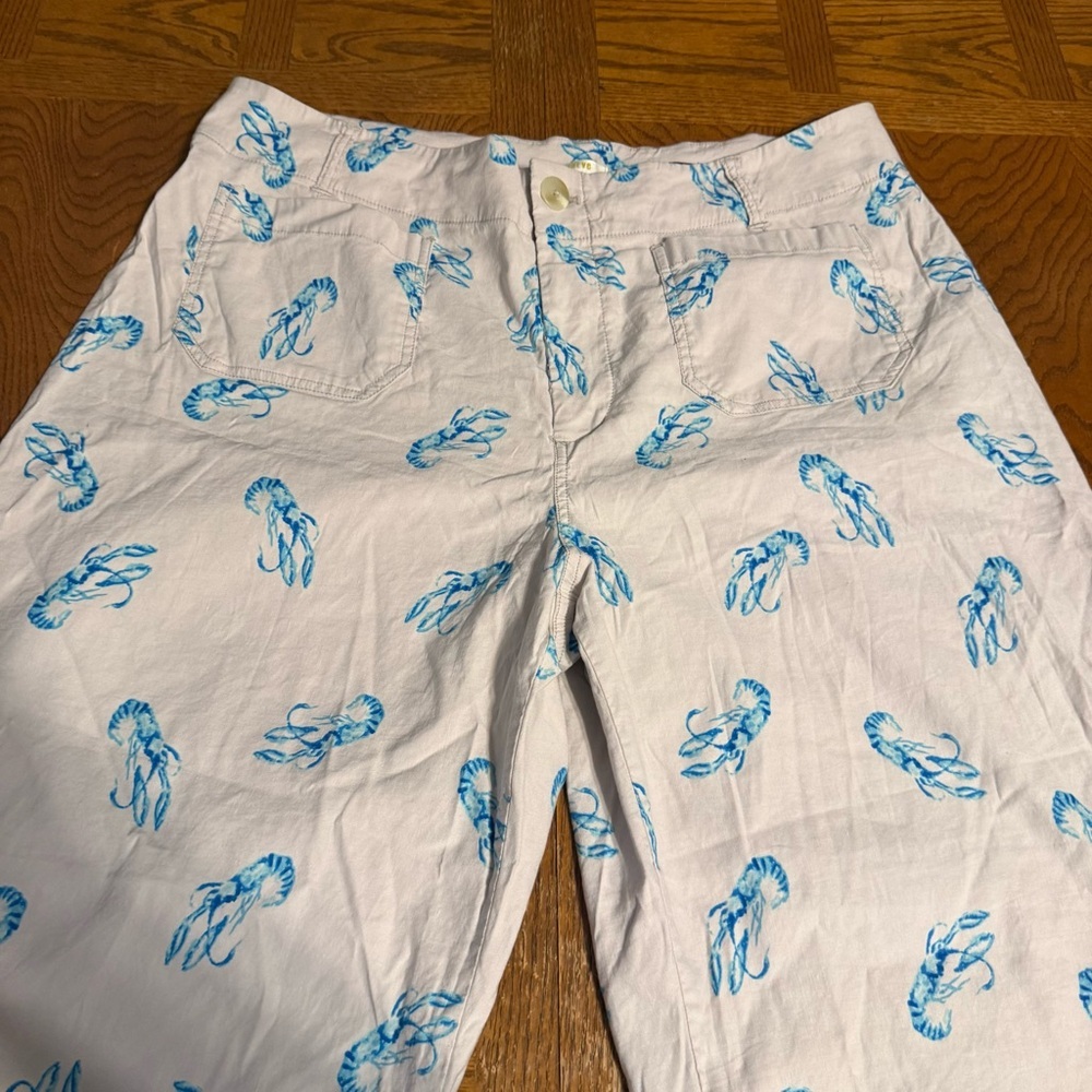 Maeve Anthropologie Colette Cropped Wide Leg Ivory Pants Blue Lobster Print 16W - Picture 7 of 15